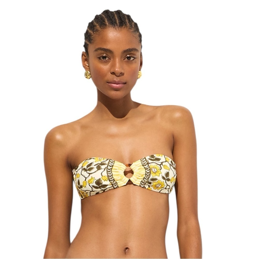 J Crew Yellow O-ring Bandeau Bikini Top in Daffodil Daze Block Print Women Sz L